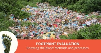 Dune covered in plants with sandy area almost completely covered with washed up plastic and general waste. Footprint Evaluation logo and 'Knowing the place - methods and processes' banner overlays the photo