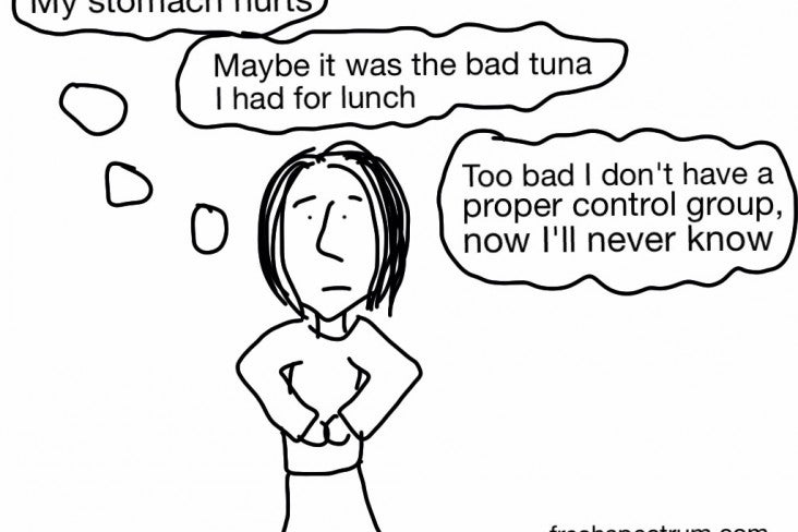 Cartoon character's stomach hurts; she wonders if it was her lunch and says it's too bad she doesn't have a control group 