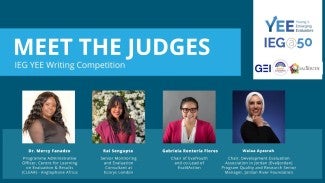 The text: 'Meet the Judges' sits above four profile images of the IEG YEE Writing Competition judges: Dr Mercy Fanadzo, Rai Sengupta, Gabriela Renteria Flores, Walaa Ayasrah