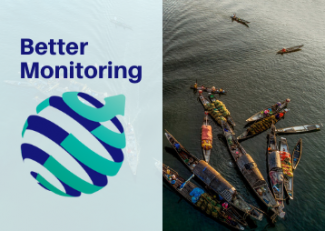 Photo of boats forming a river market with Better Monitoring logo overlaid