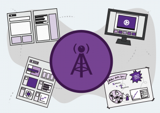 Graphic showing different forms of communication, including a computer screen, magazine and poster