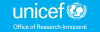 UNICEF office of research-innocenti logo, an adult and a child in front of the UN logo  - a globe above olive branches